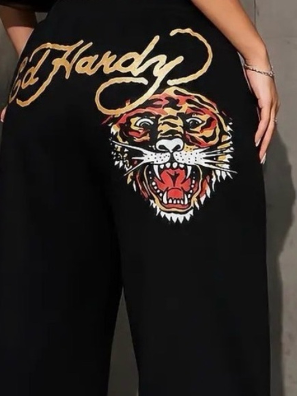 Ed Hardy Black Track Pants with Gold Script and Multi-Color Tiger